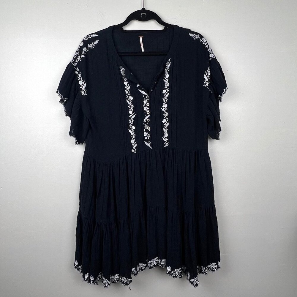 Free People Black Santiago Embroidered Short Sleeve Boho Mini Dress Size S - Picture 2 of 8